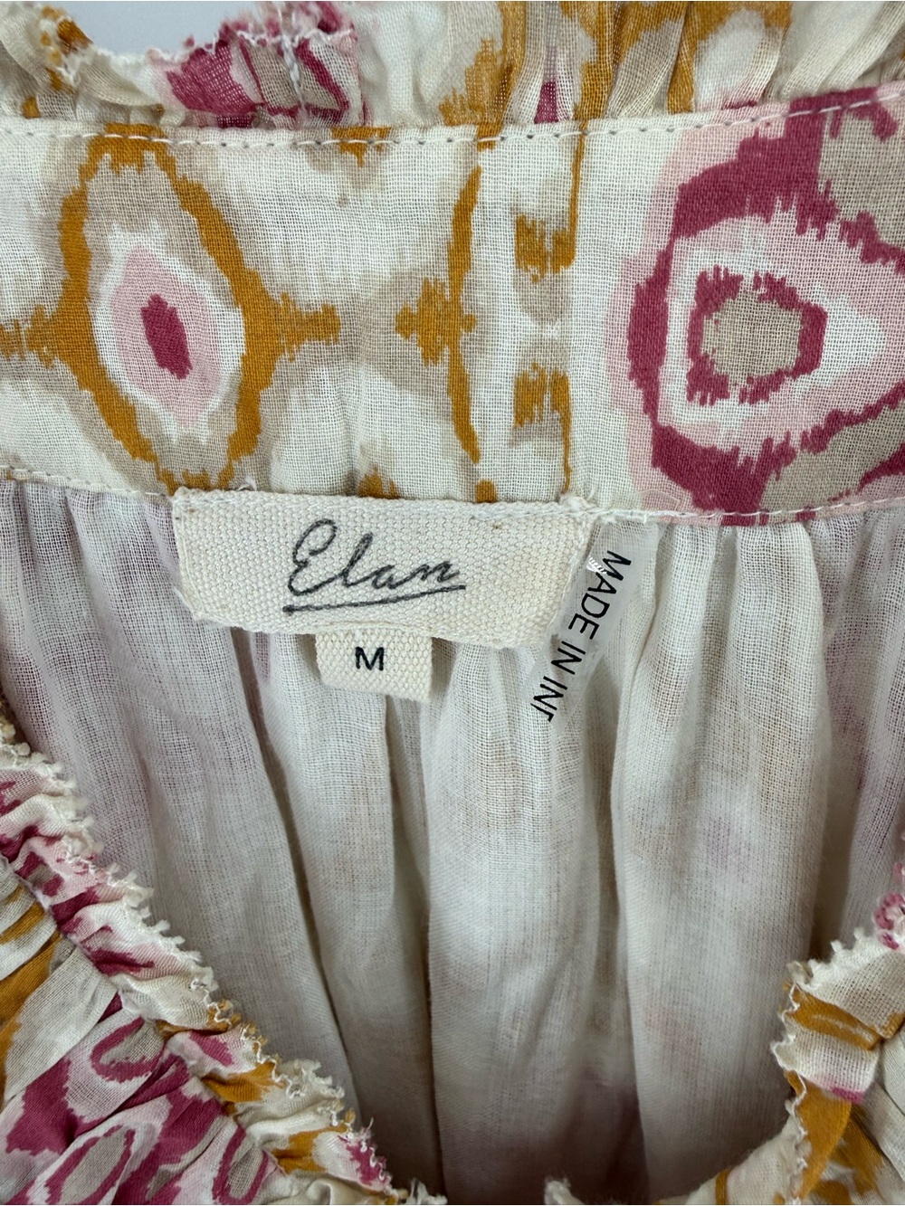 Elan Melrose Pink Gold Ikat Ruffle Smocked Tiered Midi Dress M - Picture 3 of 6